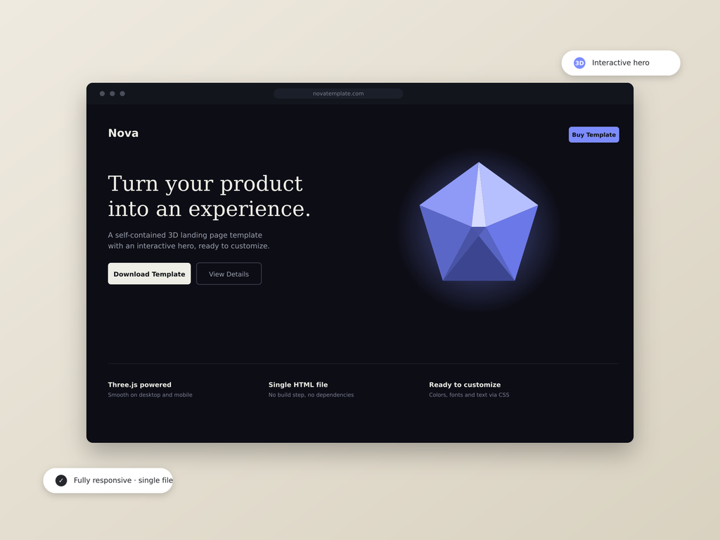 Nova 3D Website Template | Interactive Three.js Landing Page | HTML Template | Editable Colors Fonts | Instant Download